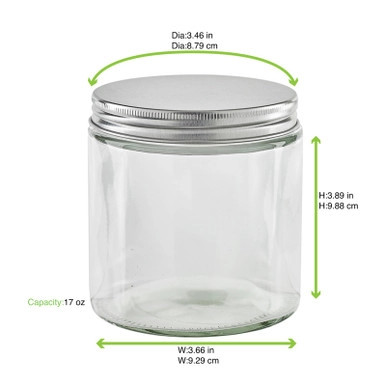 Round reusable jar glass with aluminium cap - 17oz D:3.46in W:3.66in H:3.89in - 40 pcs