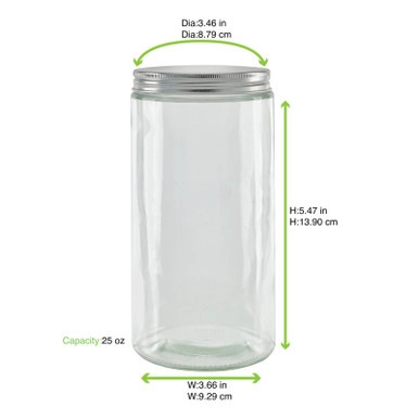 Round reusable jar glass with aluminium cap - 25.3oz D:3.46in W:3.66in H:5.47in - 30 pcs