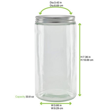 Round reusable jar glass with aluminium cap - 33.8oz D:3.42in W:3.66in H:7.36in - 30 pcs