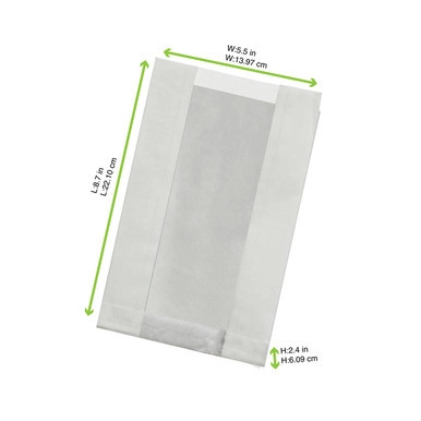 White Kraft Bag with Window Greaseproof - L:8.7in W:5.5in H:2.4in - 1000 pcs