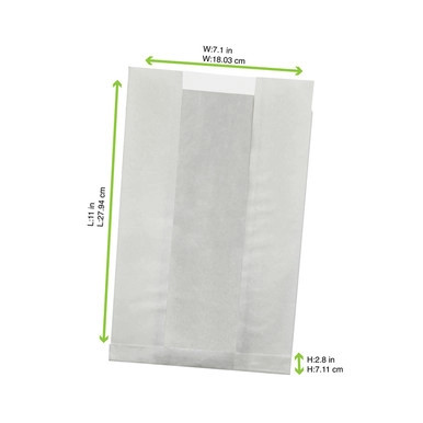 White Kraft Bag with Window Greaseproof - L:11in W:7.1in H:2.8in - 1000 pcs