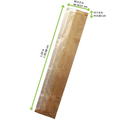 Brown sandwich bag with crystal window - L:22in W:4.3in H:1.9in - 1000 pcs