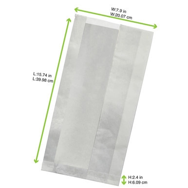 White greaseproof sandwich bag with crystal window - L:15.74in W:7.9in H:2.4in - 1000 pcs