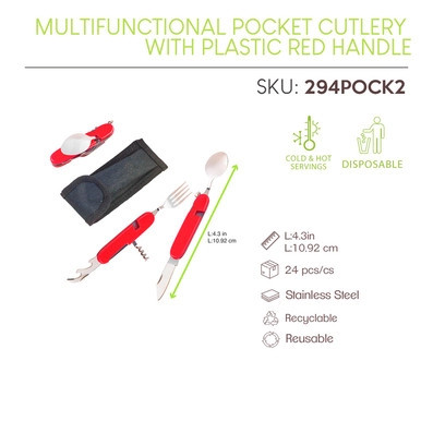 Multifunctional Reusable pocket cutlery with plastic red handle - L:4.3in - 24 pcs