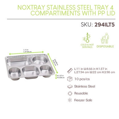 Noxtray Reusable Stainless Steel Tray 5 Compartiments with PP lid - L:11in W:8.66in H:1.57in - 10 pcs Noxtray Reusable Stainless Steel Tray 5 Compartiments with PP lid - L:11in W:8.66in H:1.57in - 10 pcs