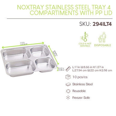 Noxtray Reusable Stainless Steel Tray 4 Compartiments with PP lid - L:11in W:8.66in H:1.57in - 10 pcs Noxtray Reusable Stainless Steel Tray 4 Compartiments with PP lid - L:11in W:8.66in H:1.57in - 10 pcs