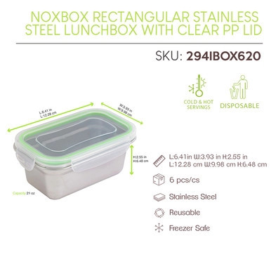 Noxbox reusable rectangular stainless steel Lunchbox with clear PP lid - 21oz L:6.41in W:3.93in H:2.55in - 6 pcs Noxbox reusable rectangular stainless steel Lunchbox with clear PP lid - 21oz L:6.41in W:3.93in H:2.55in - 6 pcs