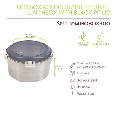 Noxbox reusable round stainless steel Lunchbox with black PP lid - 30oz D:6.1in W:6.1in H:3.14in - 6 pcs Noxbox reusable round stainless steel Lunchbox with black PP lid - 30oz D:6.1in W:6.1in H:3.14in - 6 pcs