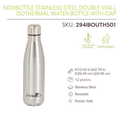 Noxbottle reusable stainless steel double wall isothermal water bottle with cap - 17oz H:10.43in W:2.75in - 12 pcs