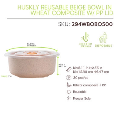 Huskly reusable beige bowl in husk composite w/ PP lid - 17oz D:5.11in H:2.55in - 30 pcs Huskly reusable beige bowl in husk composite w/ PP lid - 17oz D:5.11in H:2.55in - 30 pcs
