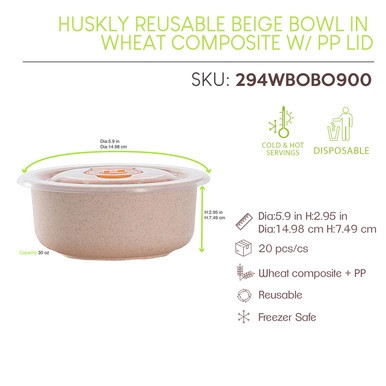 Huskly reusable beige bowl in husk composite w/ PP lid - 30oz D:5.9in H:2.95in - 20 pcs