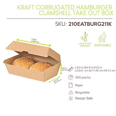 Kraft Corrugated Hamburger Clamshell Take Out Box - 12oz L:8.9in W:4.9in H:3.2in - 200 pcs Kraft Corrugated Hamburger Clamshell Take Out Box - 12oz L:8.9in W:4.9in H:3.2in - 200 pcs