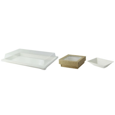 Sugarcane Bento Box Tray with 1 Kraft Window Box and 1 Sugarcane Dish Compartment - 200 VIP Set
