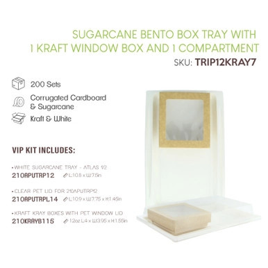 Sugarcane Bento Box Tray with 1 Kraft Window Box and 1 Sugarcane Dish Compartment - 200 VIP Set