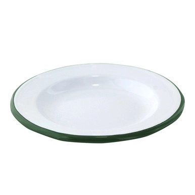 Enamel reusable plate white w/green rim - D:9.44in H:1.18in - 12 pcs