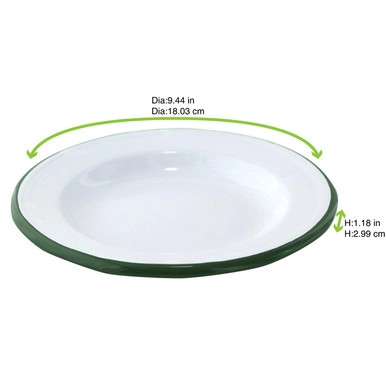 Enamel reusable plate white w/green rim - D:9.44in H:1.18in - 12 pcs