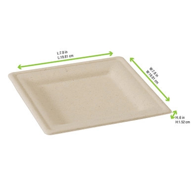 Square Brown Sugarcane Plate (No added PFAs) - L:7.8 W:7.8in - 500 pcs