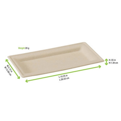 Rectangular Brown Sugarcane Plate (No added PFAs) - L:10in W:5in - 500 pcs