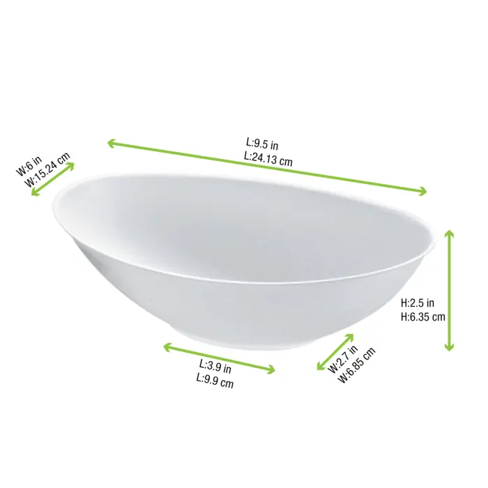 Bio n Chic Oval White Sugarcane Bowl (No added PFAs) - 34oz L:9.4in W:5.7in - 250 pcs