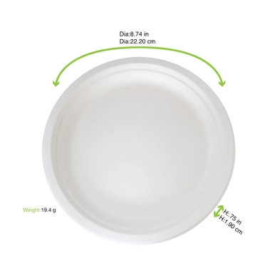 Round White Sugarcane Plate (No added PFAs) - D:8.74in H:0.75in - 500 pcs