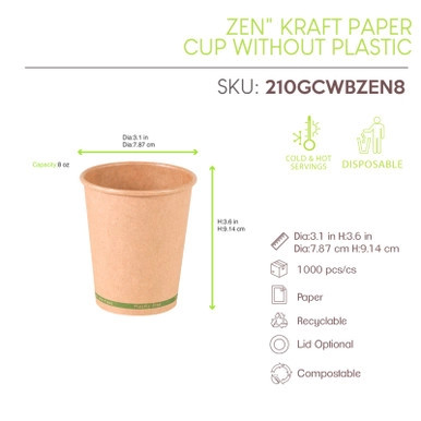ZEN Kraft Paper Cup Plastic Free - 8oz D:3.1in H:3.6in - 1000 pcs