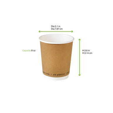 Kraft Double Wall Paper Cup Plastic Free - 8oz D:3.1in H:3.6in - 500 pcs