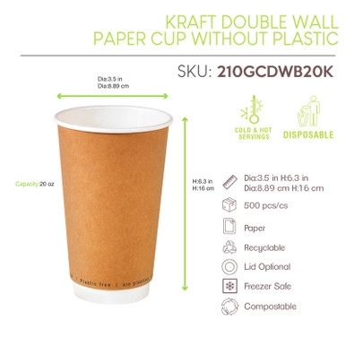 Kraft Double Wall Paper Cup Plastic Free - 20oz D:3.5in H:6.3in - 500 pcs
