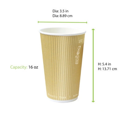 Kraft Rippled Wall Cup Plastic Free - 16oz D:3.5in H:5.4in - 500 pcs