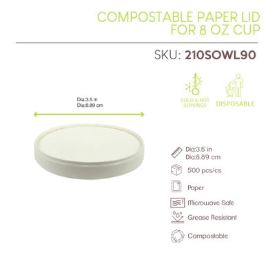 Compostable Paper Lid For 8 oz Cup - D:3.5in - 500 pcs