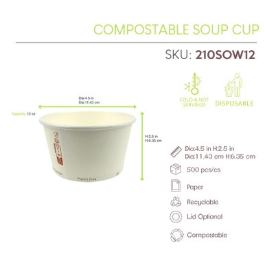Compostable Soup Cup. - 12oz D:4.5H:2.5in - 500 pcs