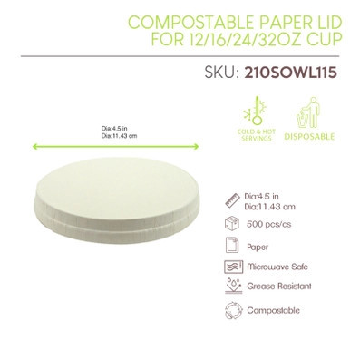 Compostable Paper Lid for 12/16/24/32oz Cup - D:4.5in - 500 pcs