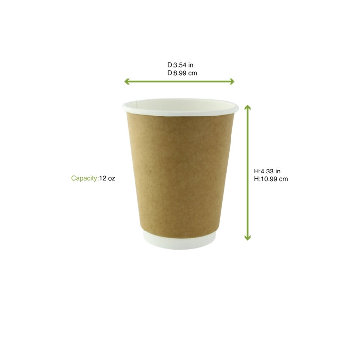 Double walled PLA cardboard cup - 12oz D:3.54in H:4.33in - 300 pcs