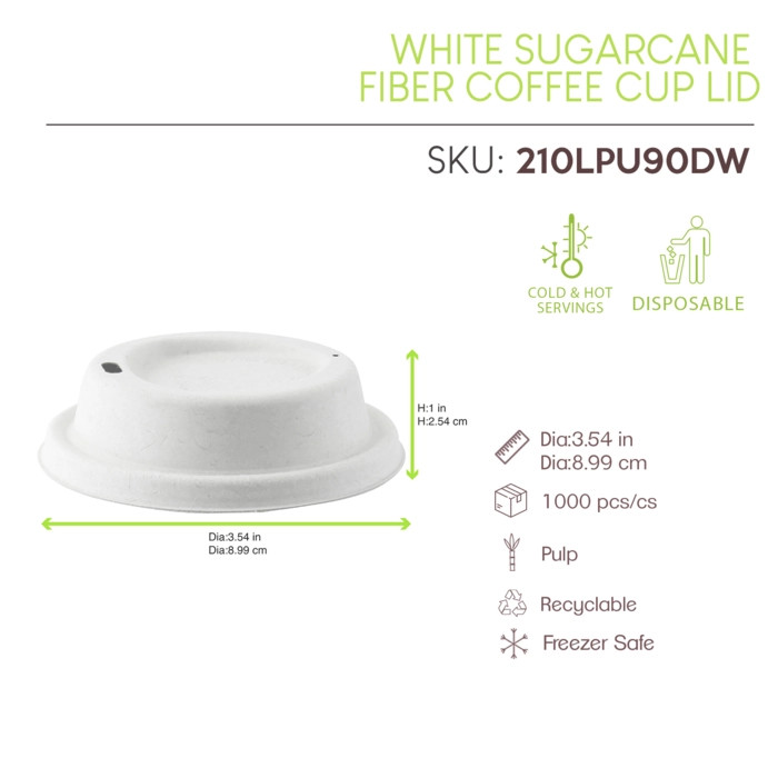 White sugarcane fiber coffee cup lid with hole (No added PFAs) - D:3.54in - 1000 pcs