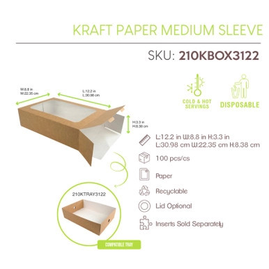 Kraft Paper Medium Sleeve - L:12.2in W:8.8in H:3.3in - 100 pcs