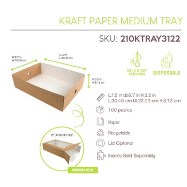 Kraft Paper Medium Tray - L:12in W:8.7in H:3.2in - 100 pcs