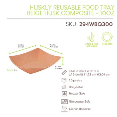 HUSKLY Reusable food tray beige husk composite - 10oz L:6.3in W:4.7in H:1.3in - 10 pcs