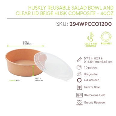 HUSKLY Reusable salad bowl and clear lid beige husk composite - 40oz D:7.3in H:2.7in - 10 pcs