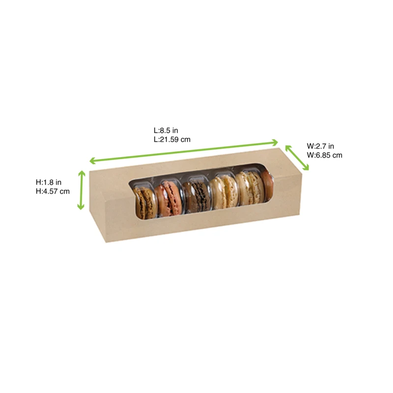 Compostable Kraft Box PLA Window for 7 Macarons - L:8.5in W:2.7in H:1.8in - 250 pcs