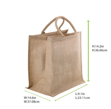 Natural Reusable carrier jute bag with handle - W:14.6in Gusset:9.1in H:14.2in - 25 pcs Natural Reusable carrier jute bag with handle - W:14.6in Gusset:9.1in H:14.2in - 25 pcs