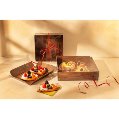 Double-Sided Corrugated Cardboard Square With Wood Decor With A Clear Lid - 86oz L:8in W:8in H:2.5in - 100 pcs Double-Sided Corrugated Cardboard Square With Wood Decor With A Clear Lid - 86oz L:8in W:8in H:2.5in - 100 pcs