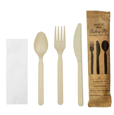Compostable Bamboo Fiber 4/1 Cutlery Kit With Kraft Bag (Knife, Fork, Spoon, Napkin) - L:7in - 250pcs Compostable Bamboo Fiber 4/1 Cutlery Kit With Kraft Bag (Knife, Fork, Spoon, Napkin) - L:7in - 250pcs