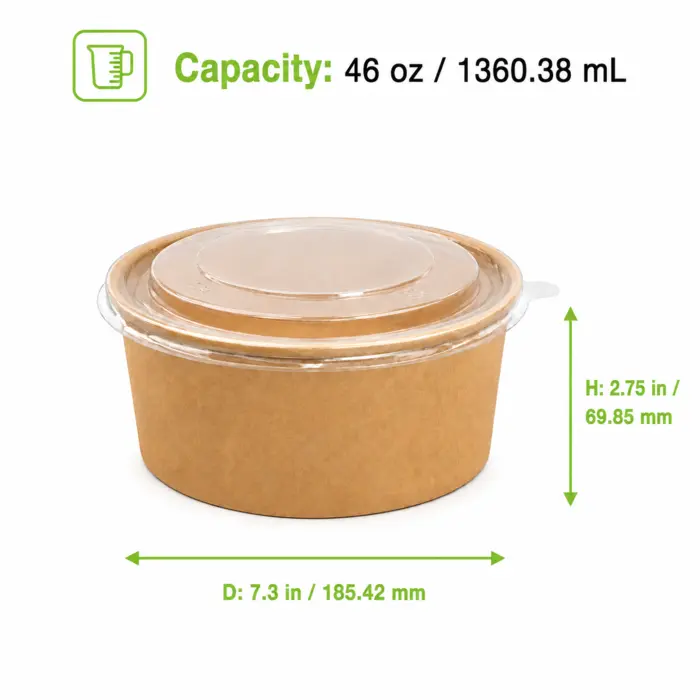 Round Kraft Salad Bucket with PET Lid Included - 46oz D:7.3in H:2.75in - 200 pcs