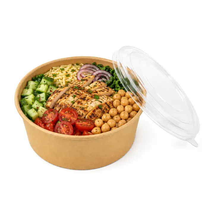 Round Kraft Salad Bucket with PET Lid Included - 46oz D:7.3in H:2.75in - 200 pcs