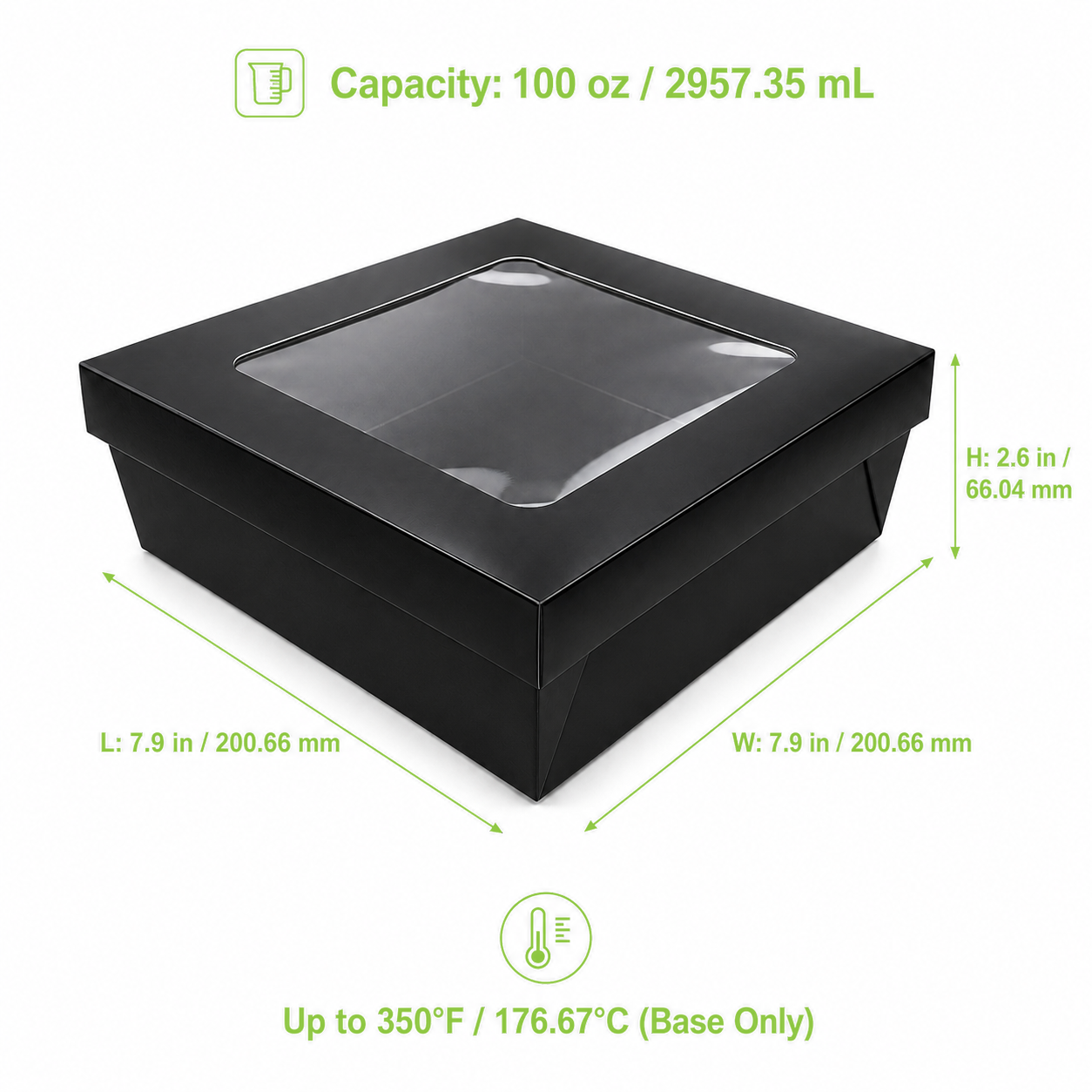 Bakeable Black Kray Box with PET Lid - 100oz L:7.9in W:7.9in H:2.6in Up to 350F(Base Only) - 100 pcs
