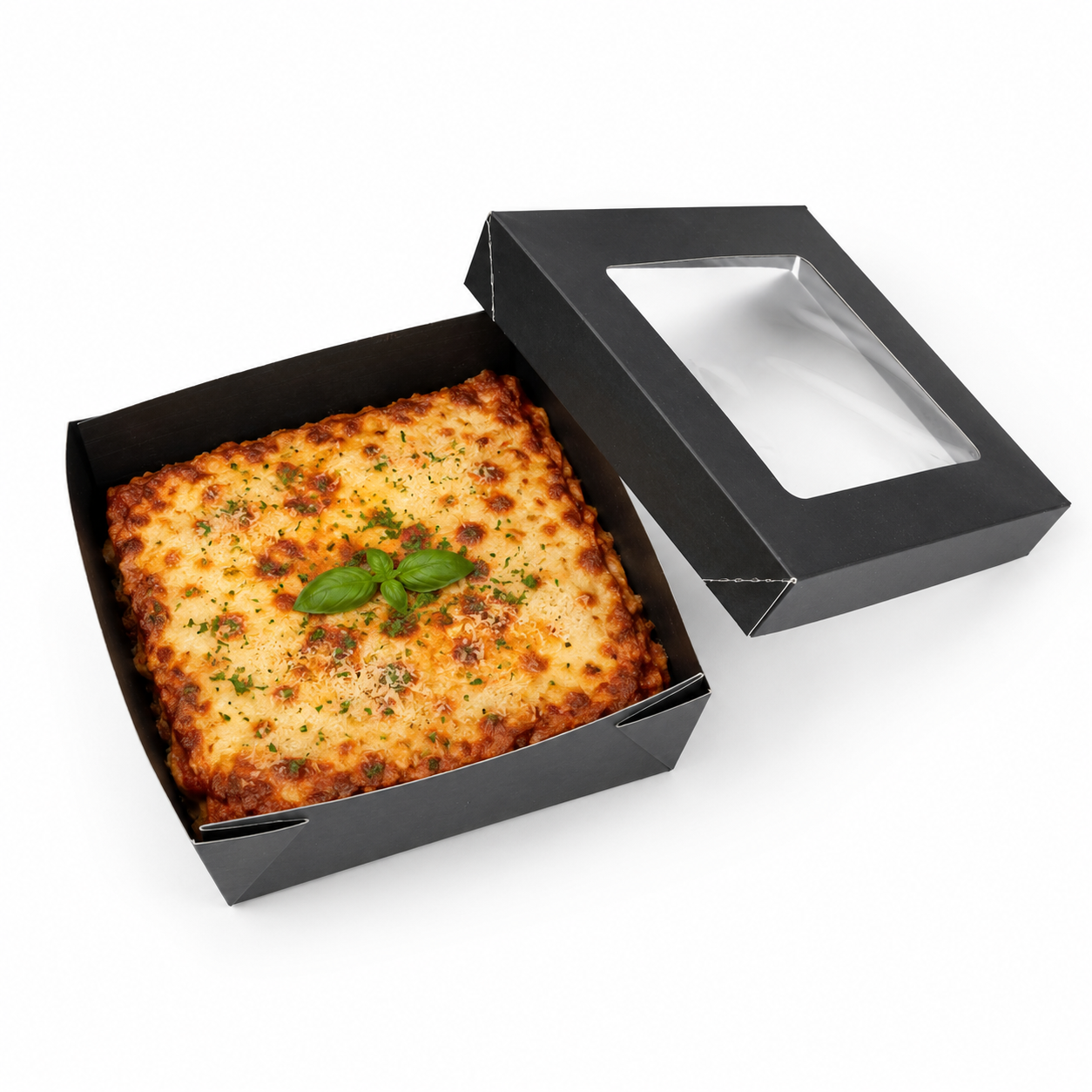 Bakeable Black Kray Box with PET Lid - 100oz L:7.9in W:7.9in H:2.6in Up to 350F(Base Only) - 100 pcs