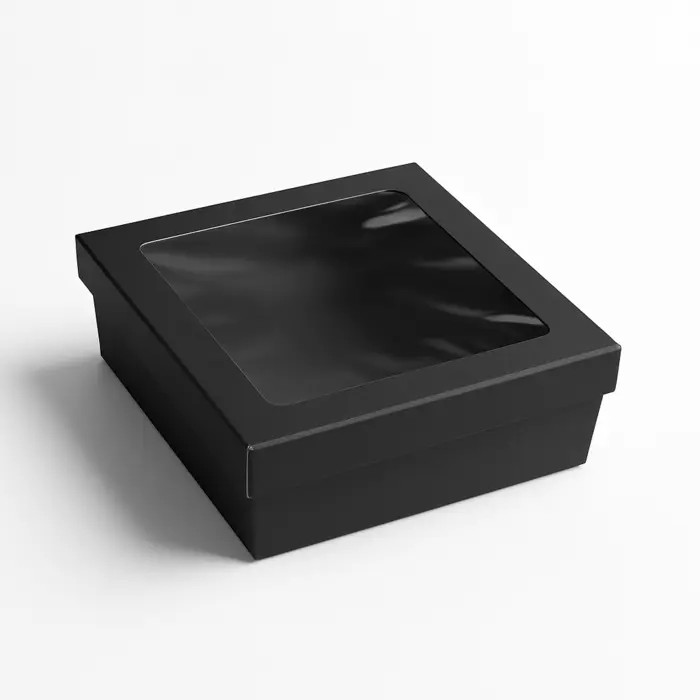Black Kray Boxes with PET Window Lid - 132oz L:8.7in W:8.7in H:3.2in - 100 pcs