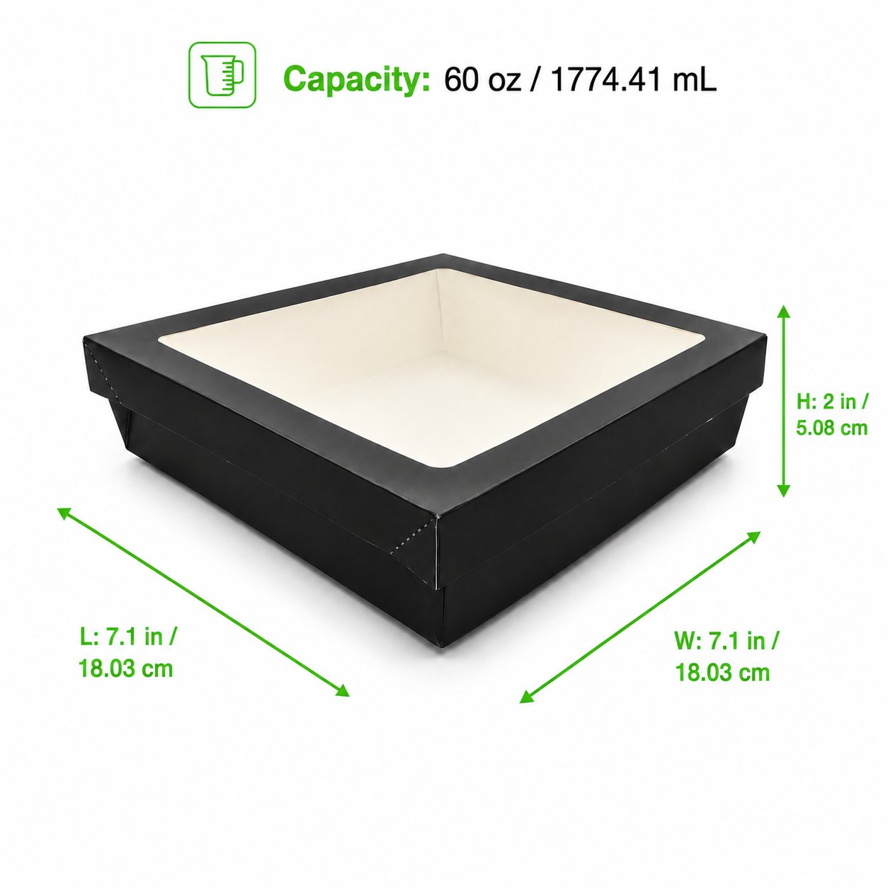 Black Kray Boxes with PET Window Lid - 60oz L:7.1in W:7.1in H:2in - 200 pcs