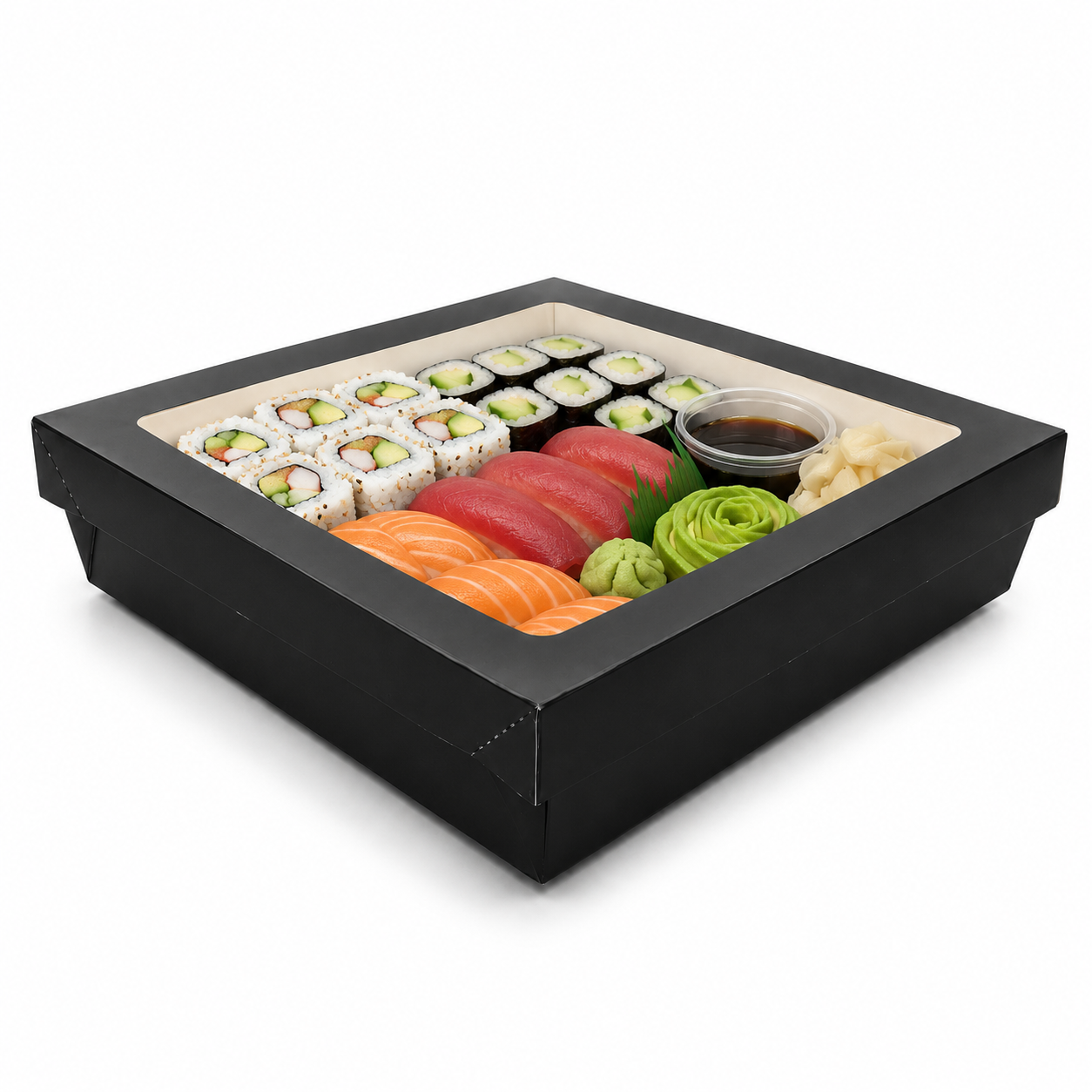 Black Kray Boxes with PET Window Lid - 60oz L:7.1in W:7.1in H:2in - 200 pcs
