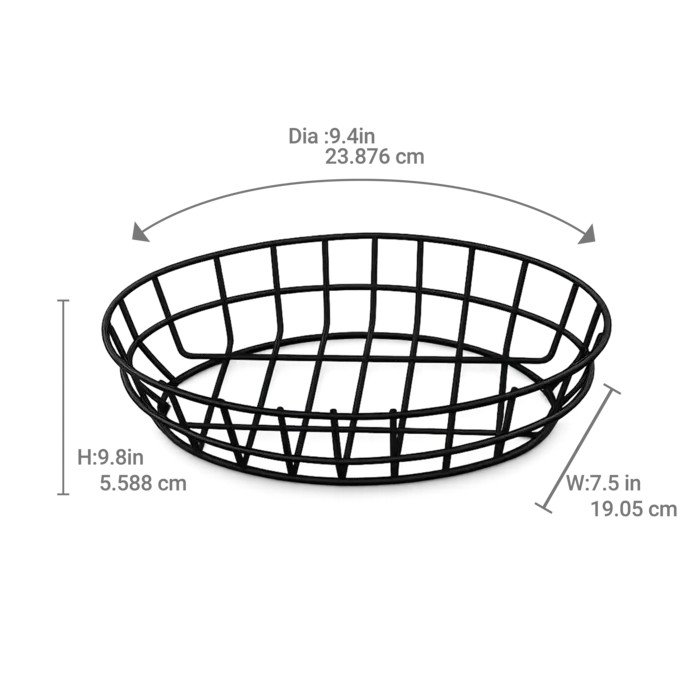 Black Oval Reusable Steel Bread Basket - L:9.4in W:7.5in H:2.2in - 12 pcs