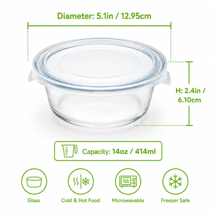 Bokocook reusable glass bowl with PP lid - 14oz D:5.1in H:2.4in - 36 pcs